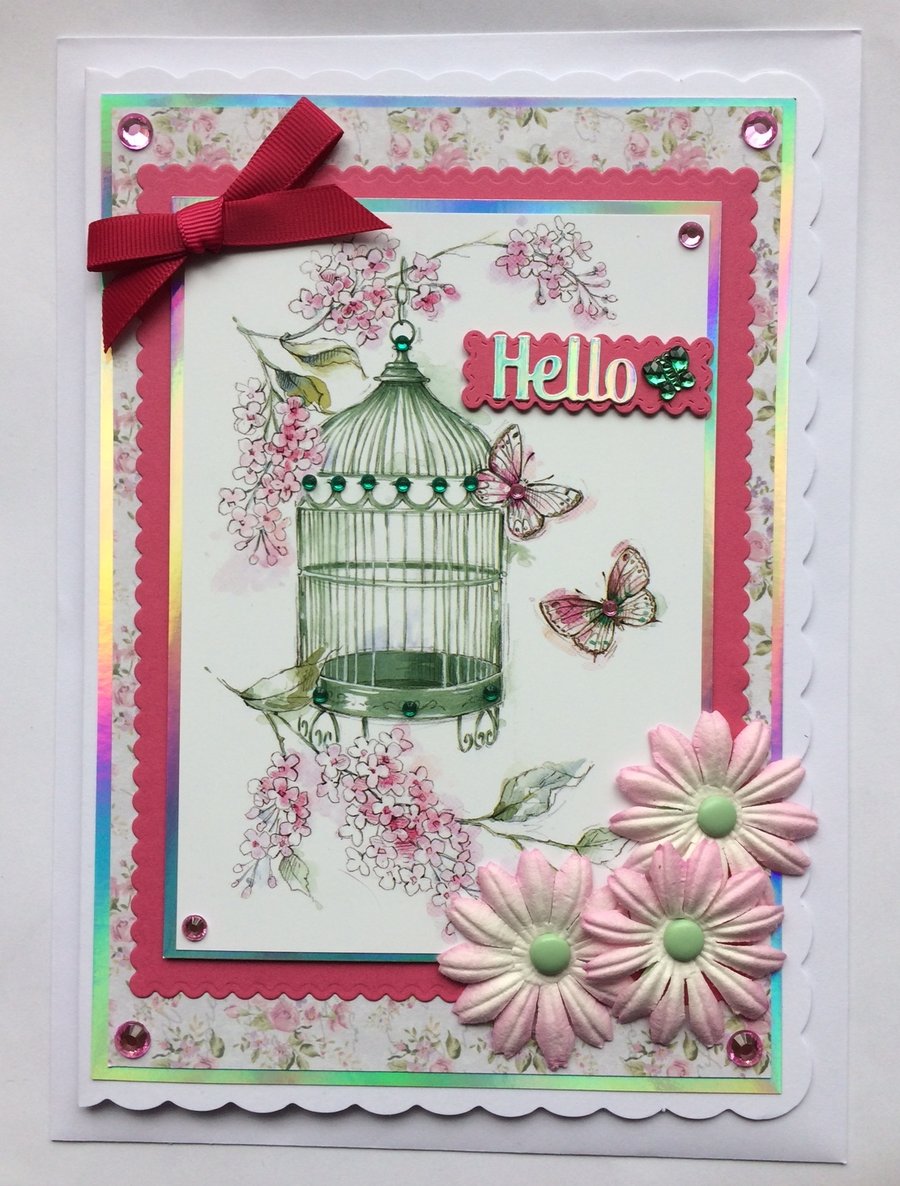 Hello Card Vintage Green Birdcage Butterflies and Flowers 3D Luxury Handmade