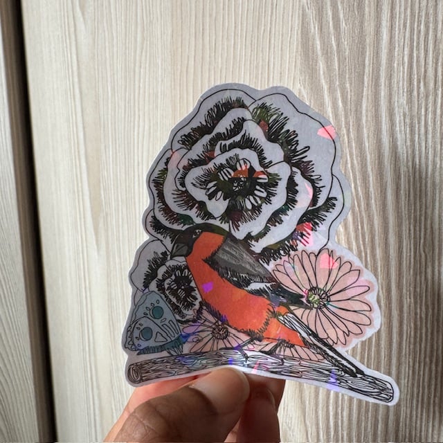 Bullfinch and Butterfly Sticker Die cut Sticker  Handmade Bird Watching 