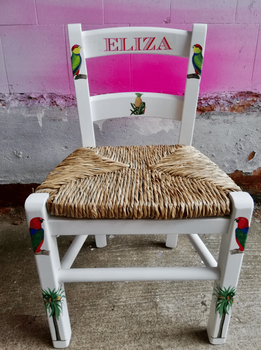 Rush seat personalised child's chair - Tropical theme - made to order