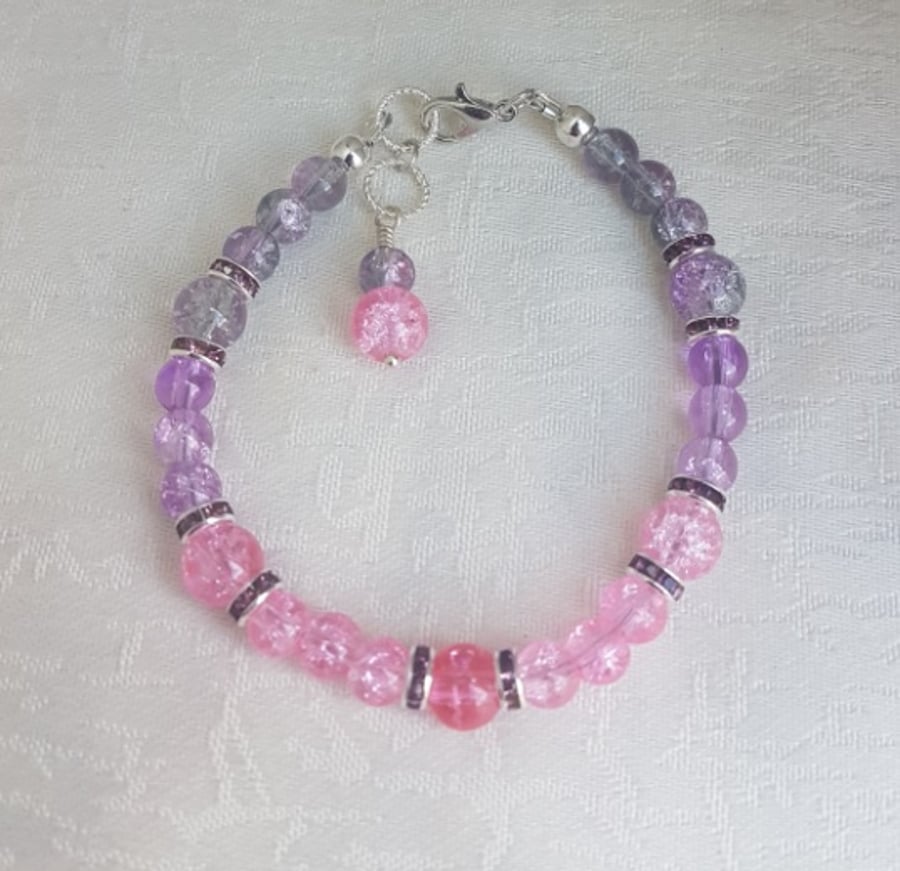 Gorgeous Lilac and Pink Glass Bead Bracelet.