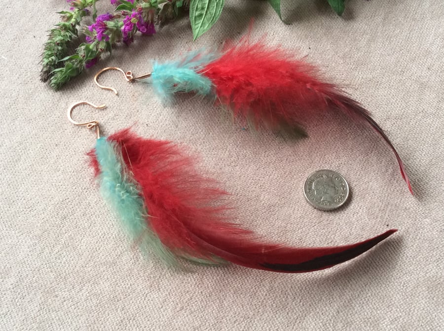 Crimson and Turquoise Feather Earrings 