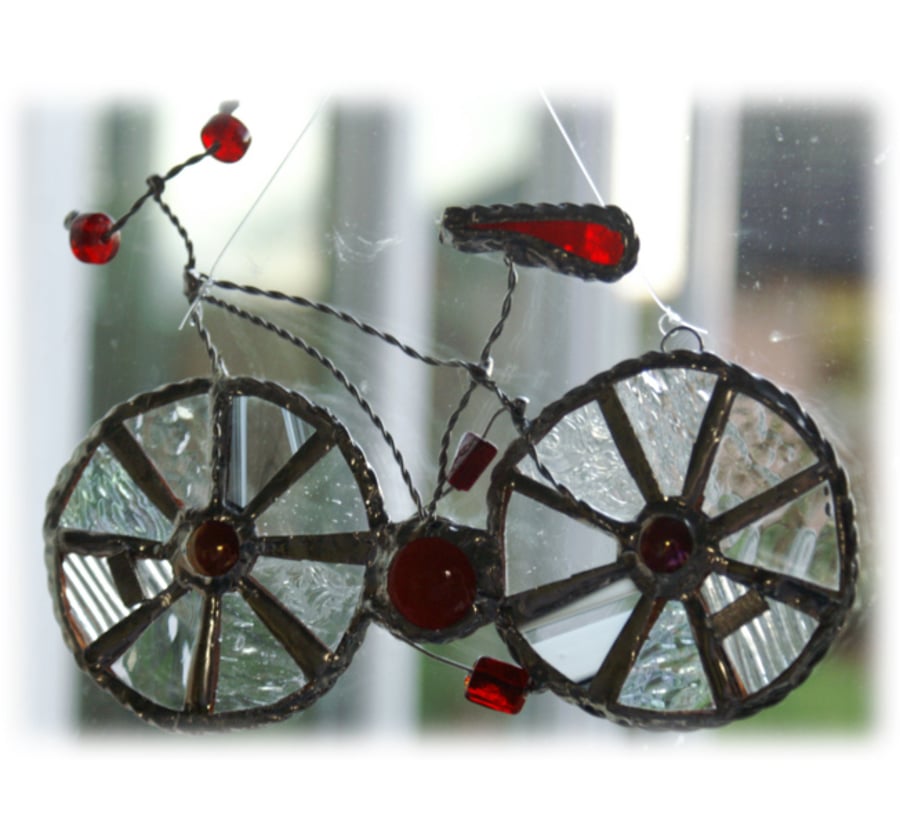 Bicycle Suncatcher Red Stained Glass Handmade man cyclist cycle bike