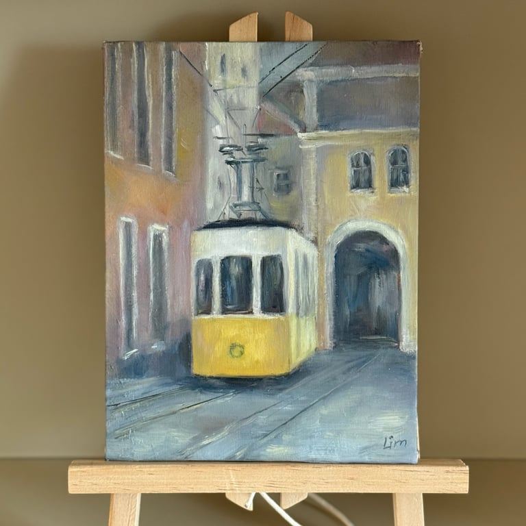 Lisbon Tram Oil Painting – Original Cityscape Art on Canvas Board
