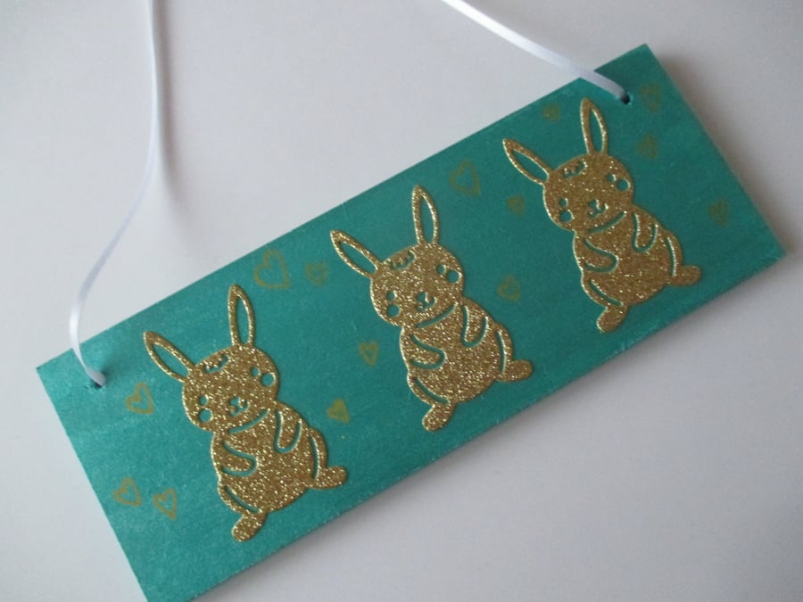 Bunny Rabbit Wooden hanging Decoration Easter Bunny Glitter Rabbit Gift Plaque