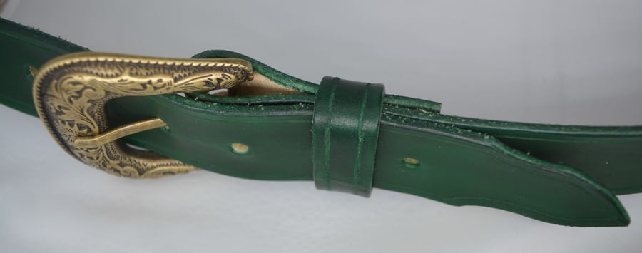 Solid veg tan leather belt, dark jade geen with gold and black buckle