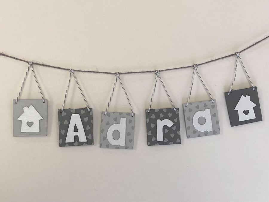 Adra square wooden bunting hanging sign in grey