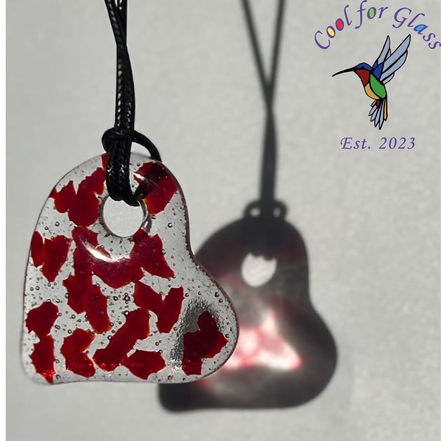 Fused glass large red and clear heart pendant with cord necklace