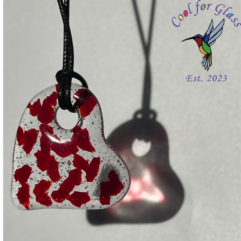 Fused glass large red and clear heart pendant with cord necklace