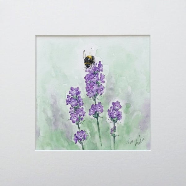 Original Art Watercolour Painting Floral 'Lavender Bumble Bee'