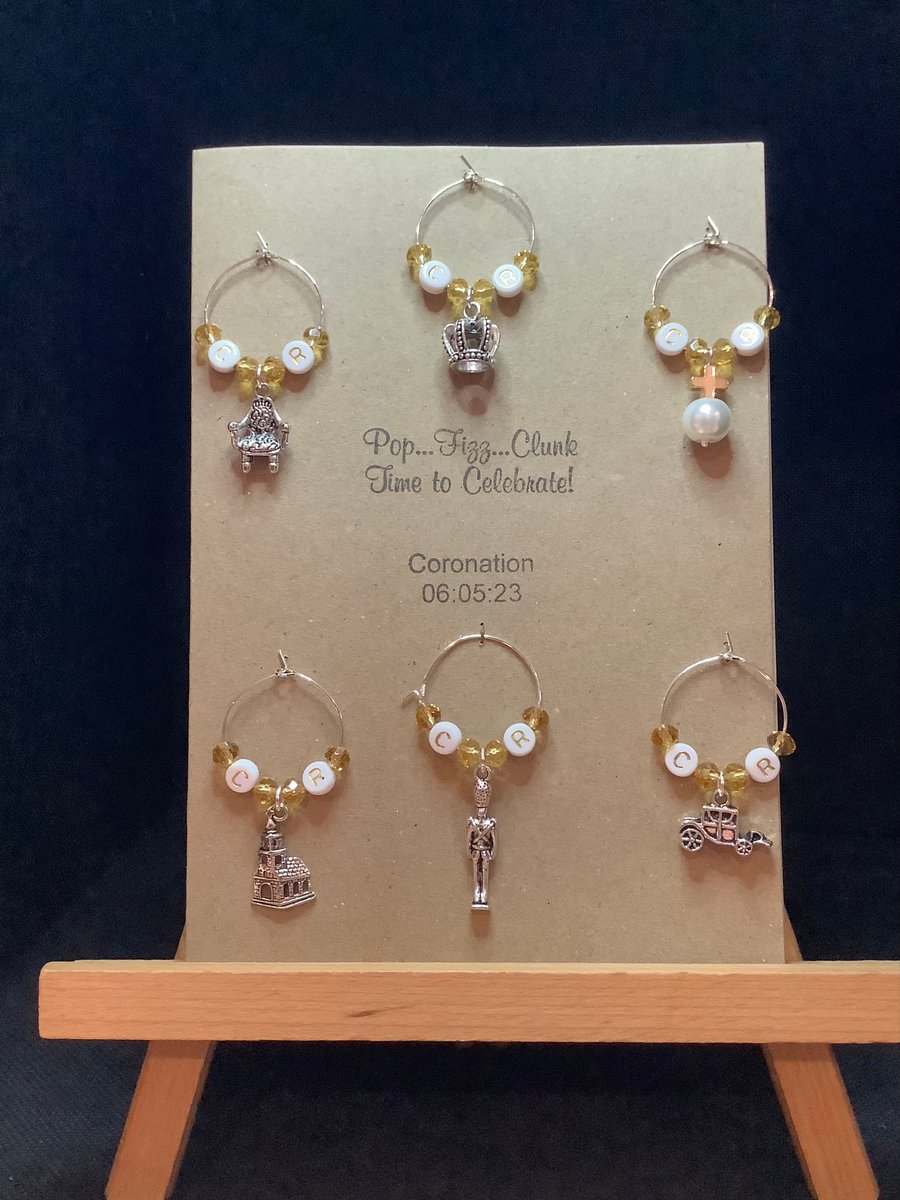 Handmade wine glass charms for the Coronation of King Charles III. 