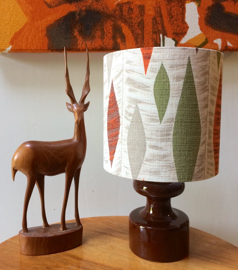 Abstract MCM Leaf Green Grey Orange 50s 60s Barkcloth VIntage fabric Lampshade