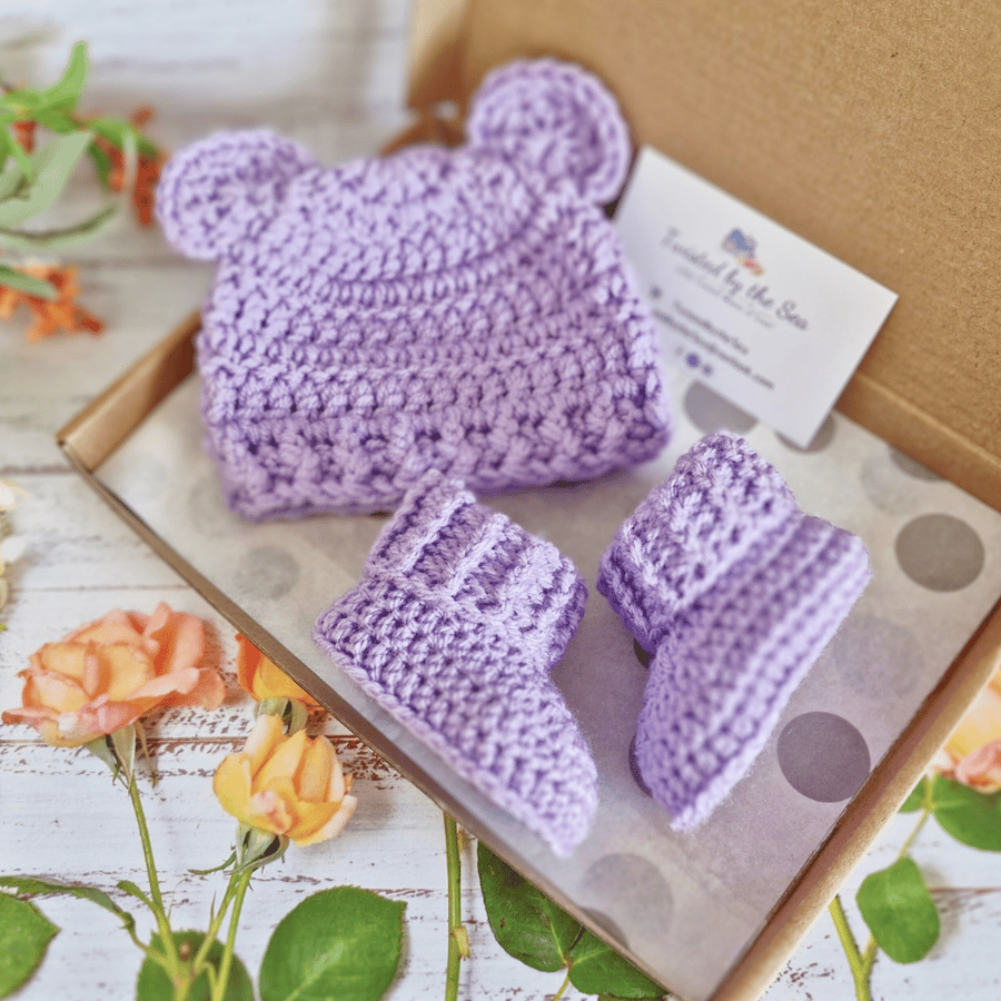 Newborn Crochet Teddy Hat and Booties Set in Wisteria – Ready to Ship