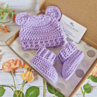 Newborn Crochet Teddy Hat and Booties Set in Wisteria – Ready to Ship
