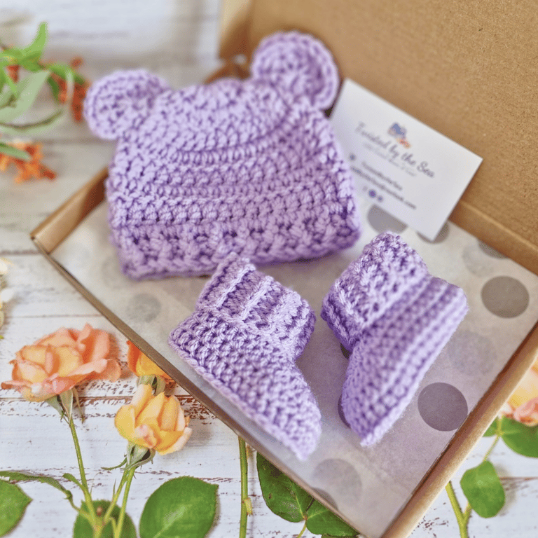 Newborn Crochet Teddy Hat and Booties Set in Wisteria – Ready to Ship