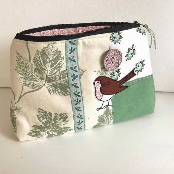 Cosmetic Bag with Vintage Fabrics and Robin Embroidery - Boho Patchwork makeup