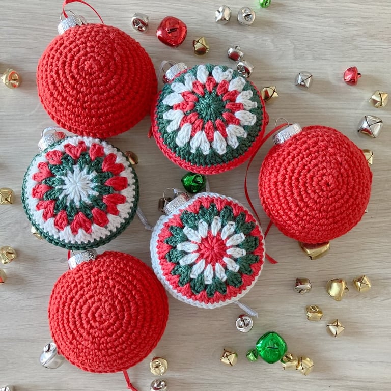 Crochet Christmas Baubles Set of 6- Red Green & Silver Grey - Tree Decorations