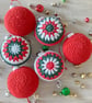Crochet Christmas Baubles Set of 6- Red Green & Silver Grey - Tree Decorations