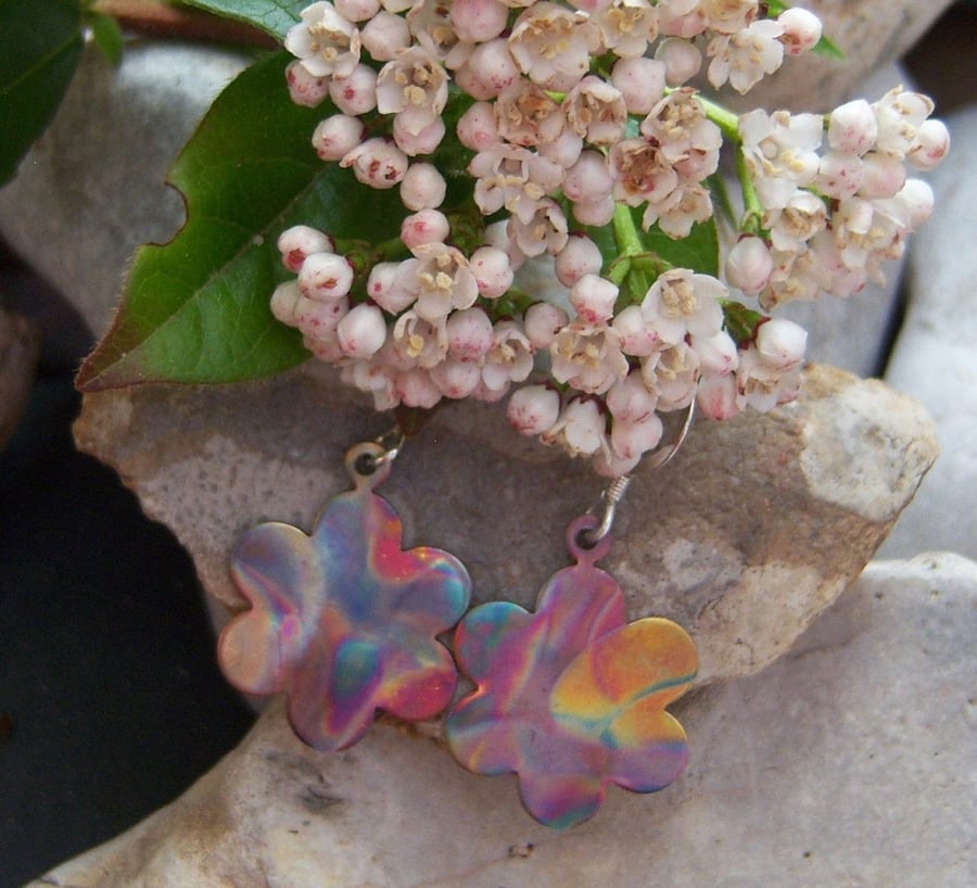 Flame Painted Copper Flower Earrings