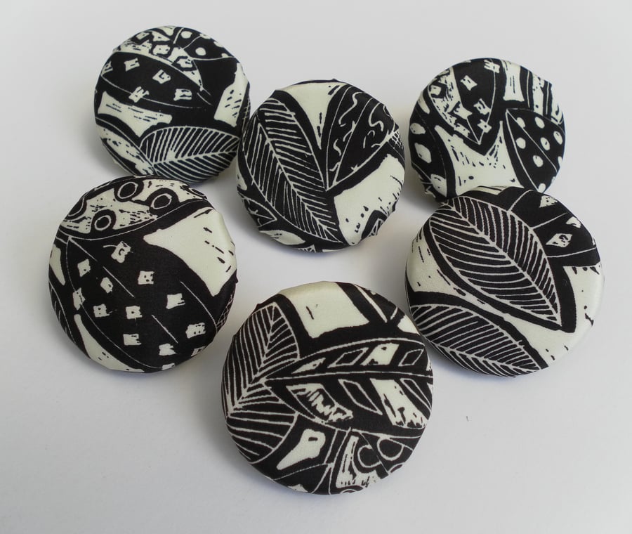 Six Extra Large, Handmade Fabric Buttons, Cream and Black