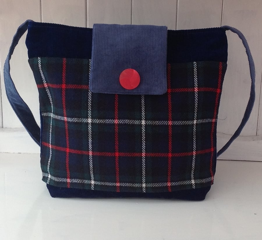 Sale Tartan Blue Corduroy Shoulder Bag