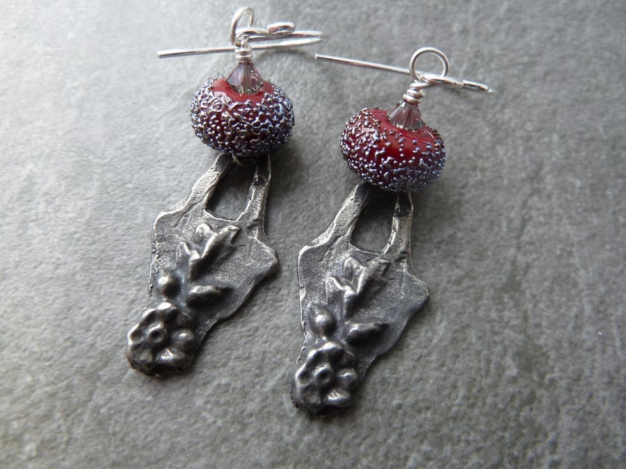 sterling silver, red lampwork glass and pewter earrings
