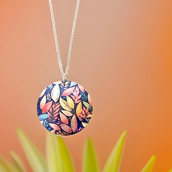 Pendant necklace, pink, yellow leaves, 32mm round disc, handmade jewellery (29)