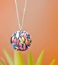 Pendant necklace, pink, yellow leaves, 32mm round disc, handmade jewellery (29)