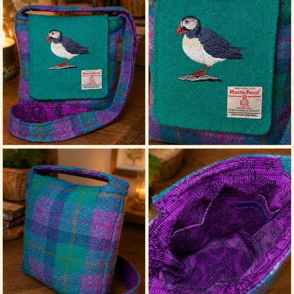 Harris Tweed Crossbody Bag with Puffin 