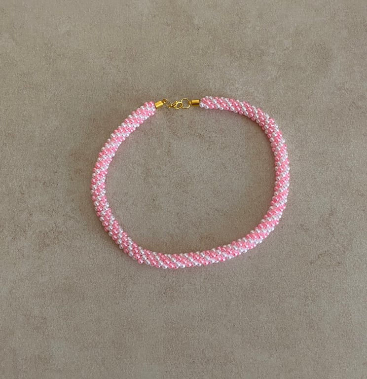 Pink & White Pearl Handmade Woven Spiral Necklace