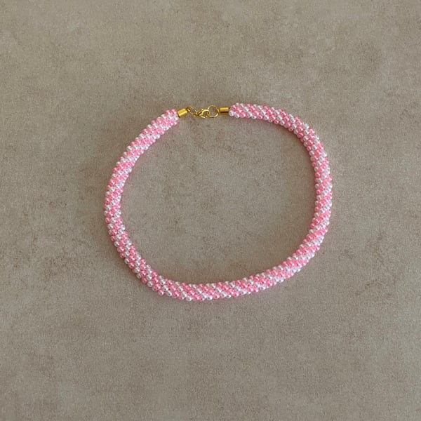 Pink & White Pearl Handmade Woven Spiral Necklace