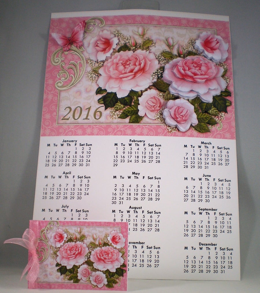 Handmade  Wall Calendar and Gift Tag, Pink Roses, 3D, 2016
