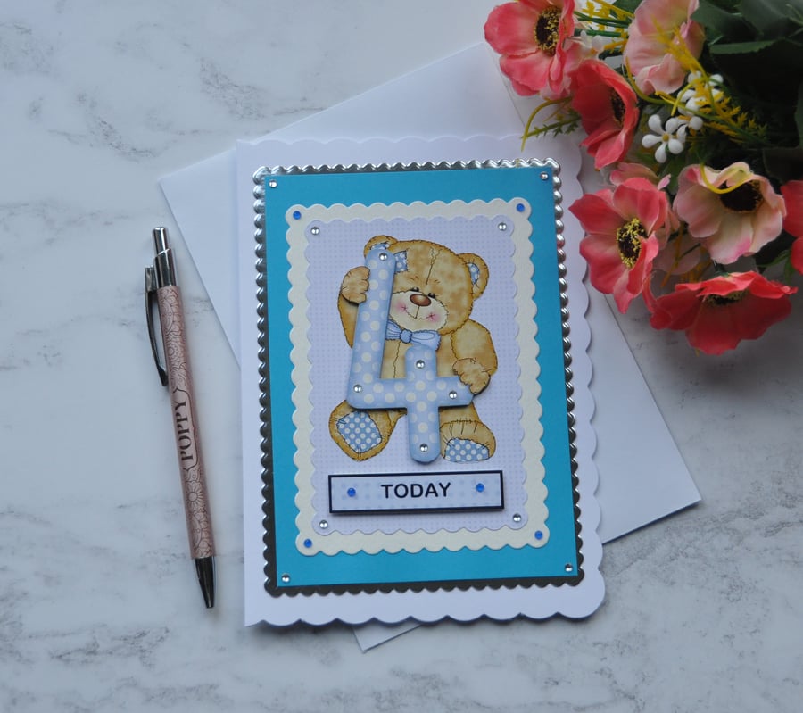 Birthday Card 4 Today Boy Teddy Bear Blue White Polka Dots 3D Luxury Handmade