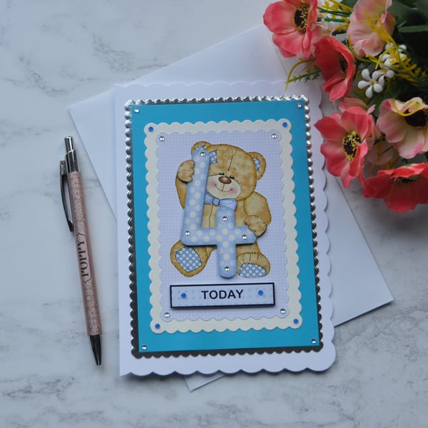 Birthday Card 4 Today Boy Teddy Bear Blue White Polka Dots 3D Luxury Handmade