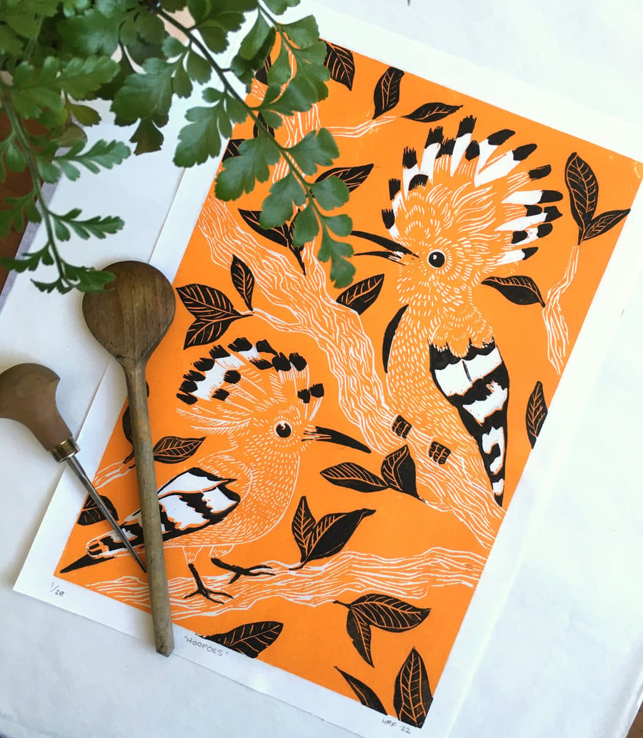 Hoopoe Print - linocut bird art, orange and black wall art, original lino print