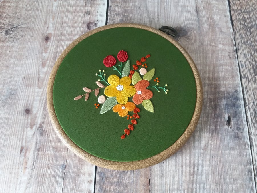 Forest Green Floral Hand Embroidery Hoop Art - Textile Flower Embroidery