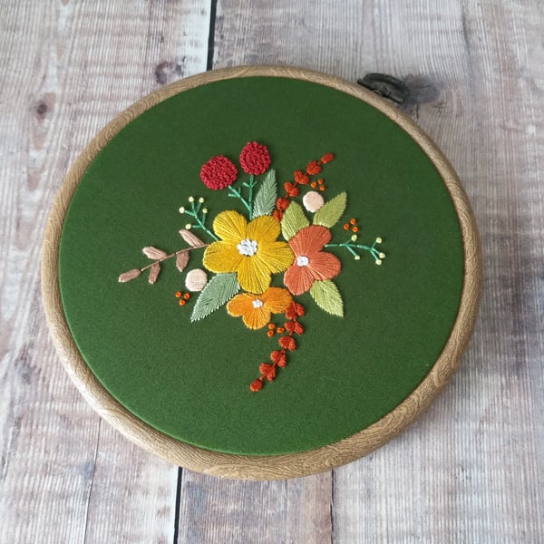 Forest Green Floral Hand Embroidery Hoop Art - Textile Flower Embroidery