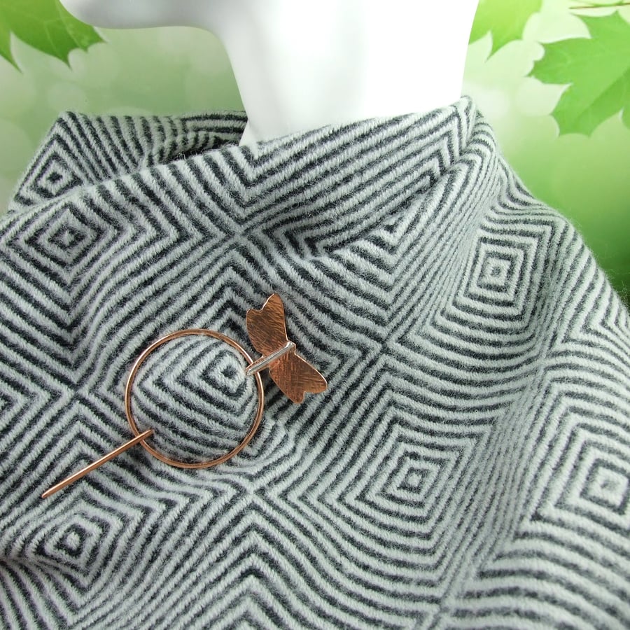 Shawl Pin, Copper and Sterling Silver Dragonfly