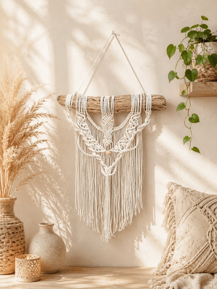 Cream Macrame Wall Hanging - Boho Chic Driftwood Tapestry, Woven Cotton Decor