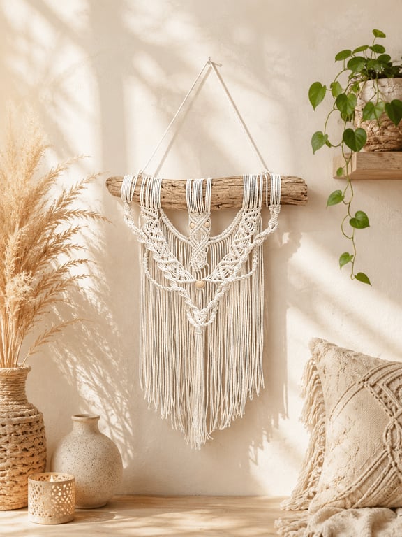 Cream Macrame Wall Hanging - Boho Chic Driftwood Tapestry, Woven Cotton Decor