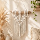Cream Macrame Wall Hanging - Boho Chic Driftwood Tapestry, Woven Cotton Decor