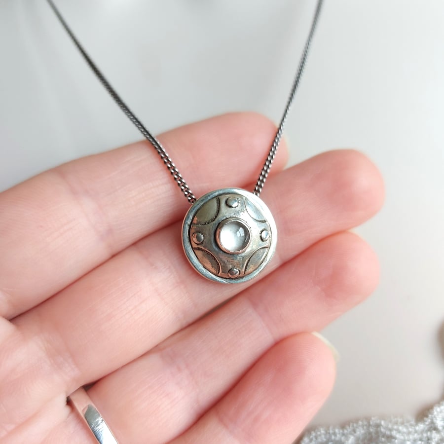 Scottish Shield Necklace with Clear Quartz and Oxidised Recycled Sterling Silver