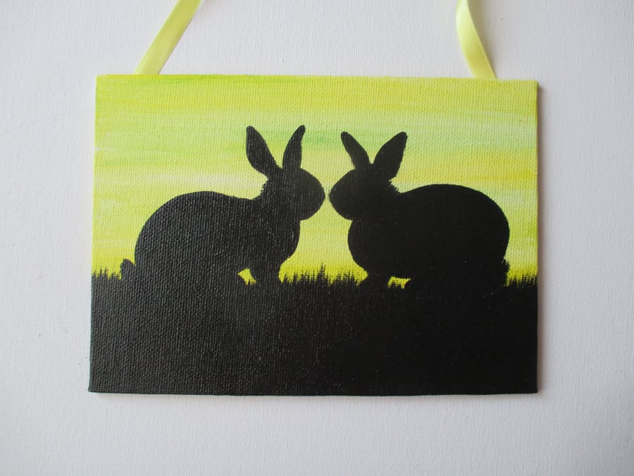 Bunny Rabbit Silhouette Original Painting Canvas Art Green Sky