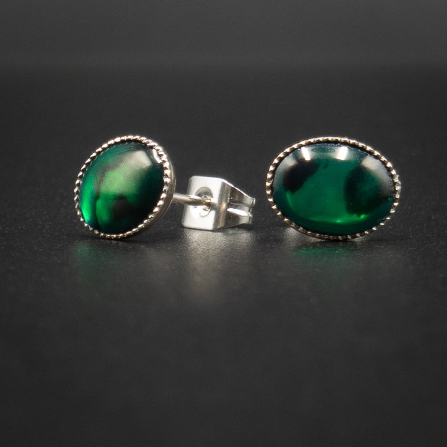 Green paua shell and silver plated stud earrings, shell jewellery