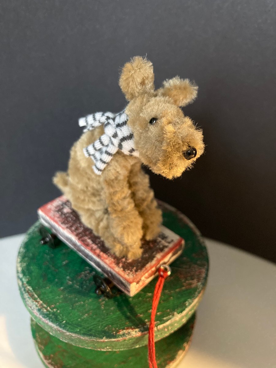 Miniature Handmade Terrier on a Pull Along Trolley with Wheels. 