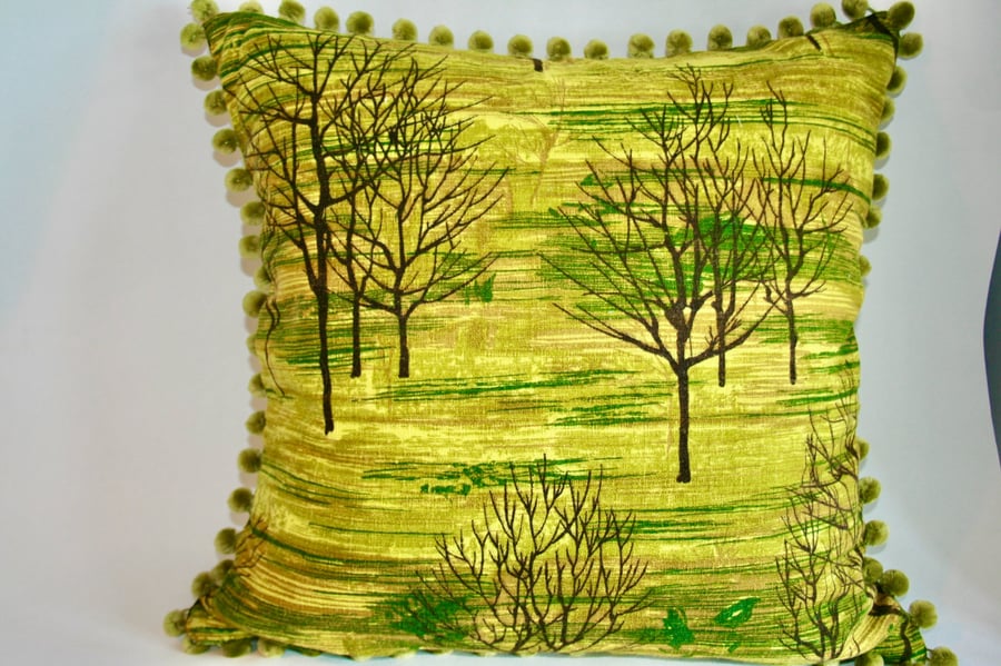 MID CENTURY ORIGINAL FABRIC CUSHIONS in Greens with Black trees