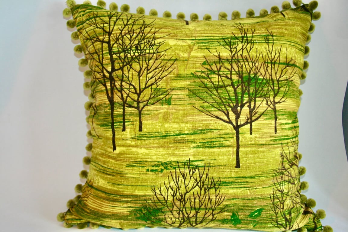 MID CENTURY ORIGINAL FABRIC CUSHIONS in Greens with Black trees