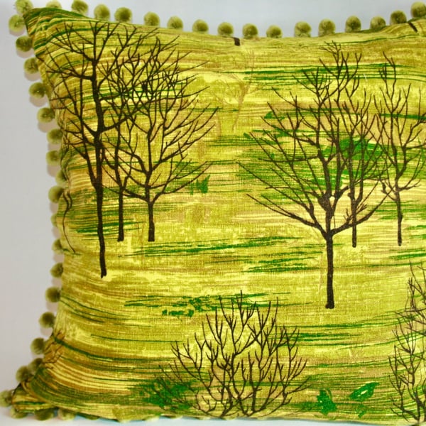 MID CENTURY ORIGINAL FABRIC CUSHIONS in Greens with Black trees