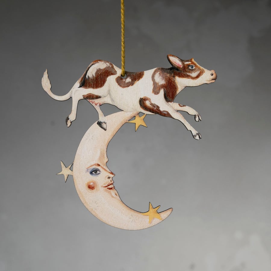 Wooden decoration of the cow that jumped over the moon- double sided