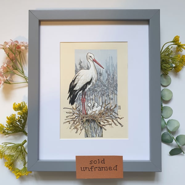 White stork on a nest with chicks, Original drawing, bird wall art