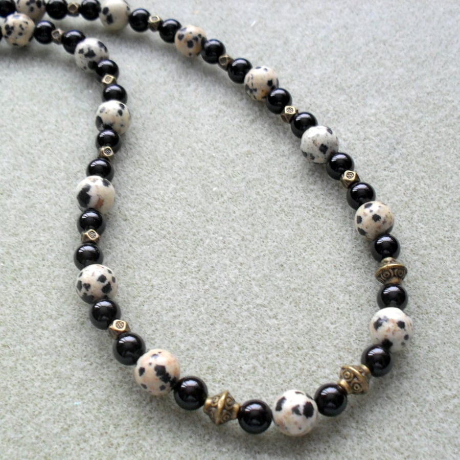 Dalmatian Jasper Black Agate Beaded Necklace Vintage